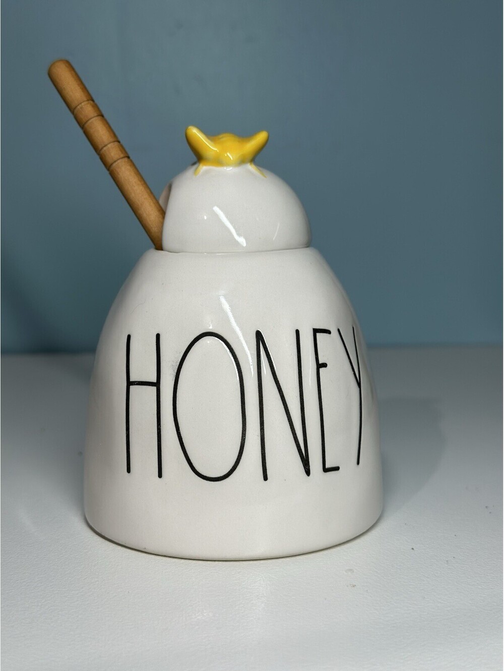 Rae Dunn Honey Pot with Yellow Bee & Wooden Dipping Stick (chipped)